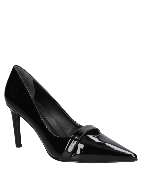 Elegante zapato de charol negro para mujer, con taco alto y acabado brillante, perfecto para ocasiones nocturnas.
