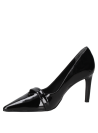 Zapato negro de charol para mujer con taco alto y punta afilada, diseño elegante y sofisticado en cuero brillante.