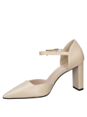 Zapato beige de cuero para mujer, casual, taco alto grueso, punta en pico, ideal para eventos formales.