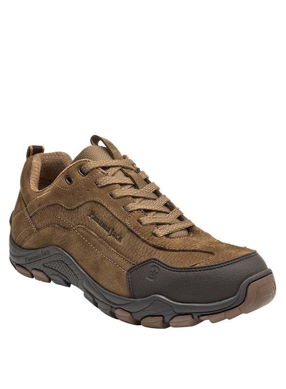 zapatilla camel de cuero para hombre con lengüeta acolchada, asegurando comodidad en largas caminatas al aire libre.