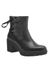 Botín casual negro de cuero para mujer, con diseño decorativo y funcional, combinando elegancia y practicidad.