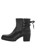 Elegante botín casual de cuero negro para mujer, con tacón ancho y suela gruesa antideslizante para mayor estabilidad.