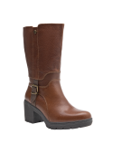 Bota café de cuero para mujer con suela de buen agarre y relieves, adecuada para caminar en superficies resbaladizas.