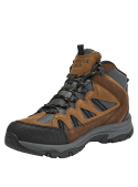 Bota de trekking café para hombre, confeccionada en cuero y textil, ofrece tracción y ajuste seguro con cordones reforzados.