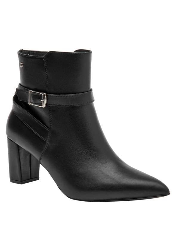 Botín negro de cuero para mujer con diseño elegante y sofisticado, ideal para ocasiones semi-formales y salidas casuales.