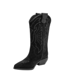 Bota vaquera negra de cuero para mujer con bordados simétricos en la caña alta, diseño clásico y taco bajo cómodo.