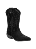 Bota vaquera negra de cuero para mujer con bordado decorativo en la caña alta, ideal para un estilo elegante y clásico.