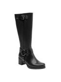 Bota negra de cuero para mujer con diseño clásico de caña alta y tacón cuadrado, ideal para un estilo casual y versátil.