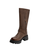 Calzado casual para mujer, bota de cuero café con diseño robusto, correa en el empeine y caña alta.