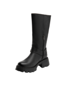 Bota casual de cuero negro para mujer, con detalles como correa con hebilla y suela gruesa que ofrece durabilidad.