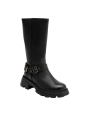 Bota negra de cuero para mujer, estilo casual urbano, con caña alta y correa con hebilla en el empeine para ajuste.