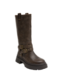 Bota biker de cuero café para mujer, con diseño industrial, tirador superior y textura rugosa para un aspecto resistente.