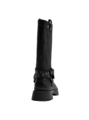 Bota de mujer en cuero negro con correas y hebillas metálicas, ofreciendo un toque industrial y ajuste personalizado.
