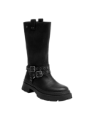 Bota negra de cuero para mujer, estilo biker, con diseño robusto tipo militar y caña alta para soporte y protección.
