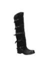 Bota alta negra de cuero para mujer, estilo casual robusto con correas y hebillas para ajuste cómodo y seguro.