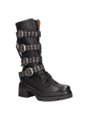 Bota negra de cuero para mujer, estilo militar casual, con correas ajustables y hebillas metálicas para un look urbano.