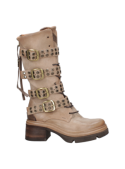 Bota taupe de cuero para mujer, diseño robusto con suela gruesa y relieve para estabilidad en diversas superficies.