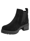Botín negro de cuero estilo Chelsea para mujer, con paneles elásticos laterales y punta redondeada, ideal para caminatas.