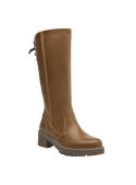 Bota camel de cuero para mujer con caña alta y cierre posterior, ideal para un look casual y versátil.