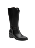 Bota de cuero negro para mujer, diseño elegante con soporte robusto, perfecta para actividades cotidianas y formales.