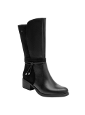 Bota casual de cuero negro para mujer, punta redondeada que ofrece confort y se alinea con las tendencias contemporáneas.