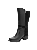 Bota negra de cuero para mujer, estilo casual, caño alto, texturas lisas y aterciopeladas, ideal para clima frío.