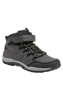Calzado infantil gris con sistema de ajuste de cordones y velcro, ideal para terrenos irregulares y clima adverso.