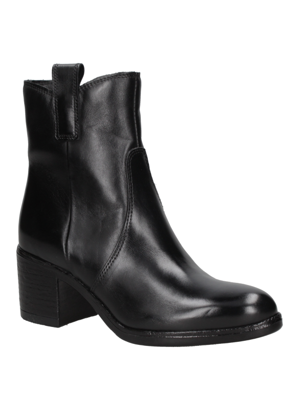 Botín de cuero negro para mujer, corte hasta el tobillo, estilo casual elegante, ideal para jeans o vestidos.
