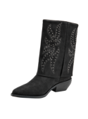 Bota vaquera de cuero negro para mujer, con detalles decorativos y suela resistente. Elegante y funcional.
