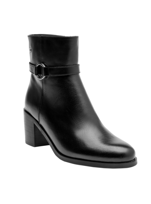 Botín negro de cuero para mujer, caña alta y lisa, acabado brillante. Elegante y moderno.