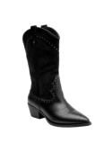 Bota vaquera negra de cuero para mujer con detalles decorativos, ideal para un look cowgirl chic y salidas informales.