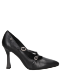 Calzado femenino negro de cuero con correas cruzadas y hebillas, perfecto para ocasiones elegantes y sofisticadas.