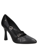 Zapato de vestir negro para mujer en cuero, ideal para eventos formales, con diseño elegante y clásico de taco alto.