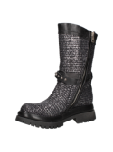 Bota alta de cuero negro para mujer, estilo casual con textura tejida y detalles de cuero liso, ideal para un look rockero.