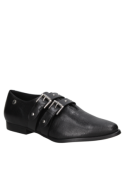 Zapato oxford negro de cuero para mujer, con correas ajustables y hebillas, ideal para un look andrógino.