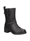 Bota de cuero negro para mujer, estilo casual, caña media con cierre pull-on y trabilla trasera para fácil calce.