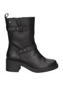 Bota de cuero negro para mujer, casual y robusta, con taco cuadrado y ajuste con hebillas dobles en el empeine.