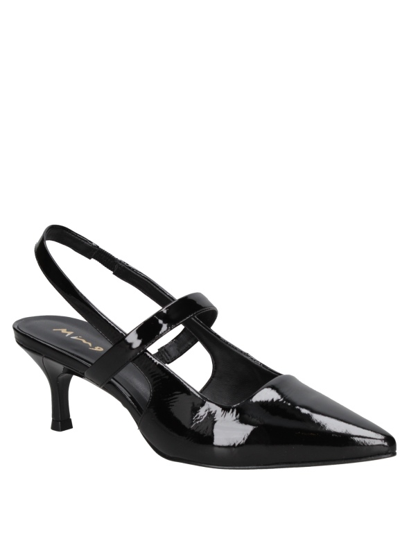 Zapato de mujer negro de charol con tacón aguja, ideal para eventos formales, hecho de 100% cuero con acabado brillante.