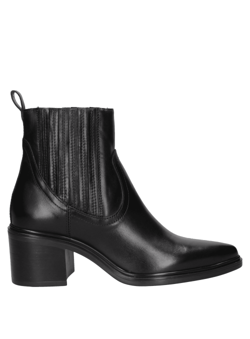 Botín Chelsea de cuero negro para mujer, ajustado al tobillo con panel elástico y presilla.
