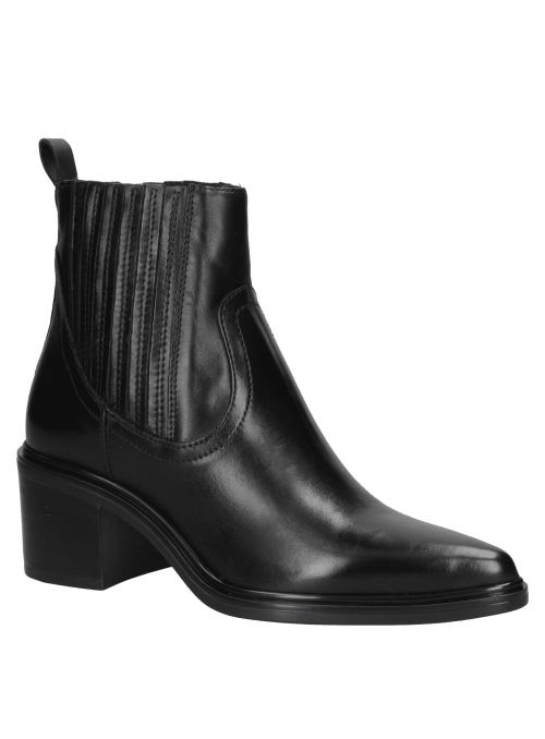 Botín Chelsea de cuero negro para mujer, ajustado al tobillo con panel elástico y presilla.