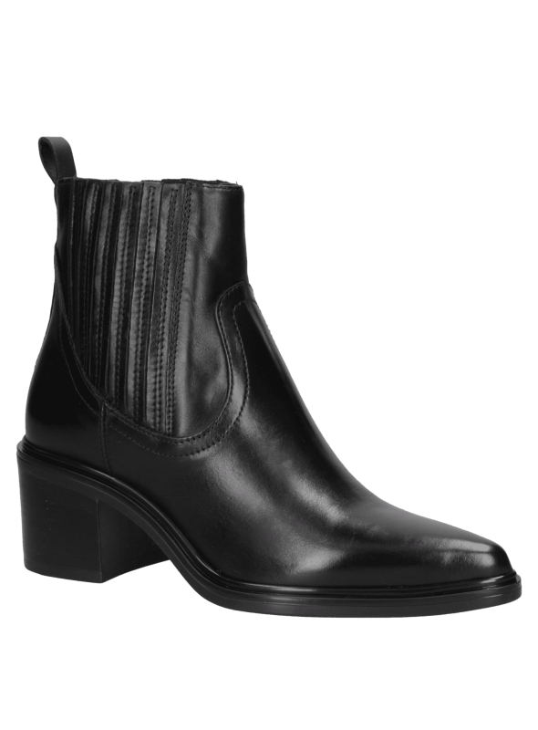 Botín Chelsea de cuero negro para mujer, ajustado al tobillo con panel elástico y presilla.