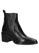 Botín Chelsea de cuero negro para mujer, ajustado al tobillo con panel elástico y presilla.