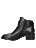 Botín negro de cuero para mujer, casual, punta redondeada, tacón medio rectangular, ideal para uso diario y formal.