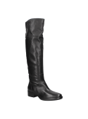 Bota casual de cuero negro para mujer, diseño estilizado sobre la rodilla, ideal para looks elegantes.