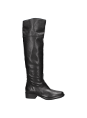 Bota negra de cuero para mujer, estilo casual y elegante, con diseño sobre la rodilla, ideal para un look moderno.