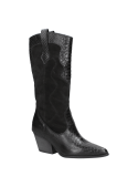 Bota femenina de cuero negro, estilo vaquero, diseño atrevido con texturas reptil y suaves, ideal para ocasiones especiales.