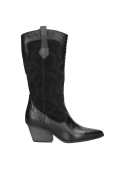 Bota vaquera negra de cuero para mujer, caña alta con texturas contrastantes y tacón cubo. Elegante y estable.