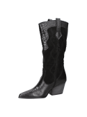 Bota negra de cuero para mujer, estilo vaquero, con tacón ancho tipo cubo y punta afilada, ideal para un look sofisticado.