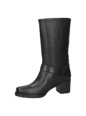 Bota negra de cuero para mujer, diseño robusto con hebilla decorativa en la parte superior, ideal para uso casual diario.