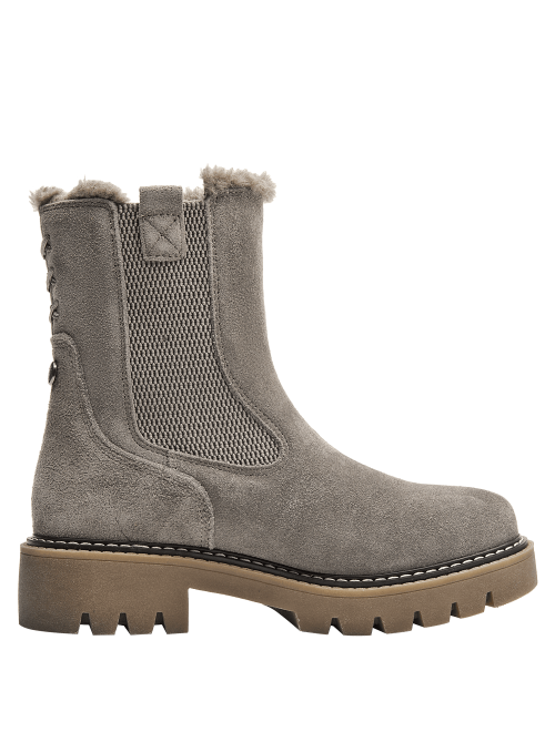 Elegante botín taupe Chelsea de cuero para mujer, con textura de gamuza y diseño urbano versátil.